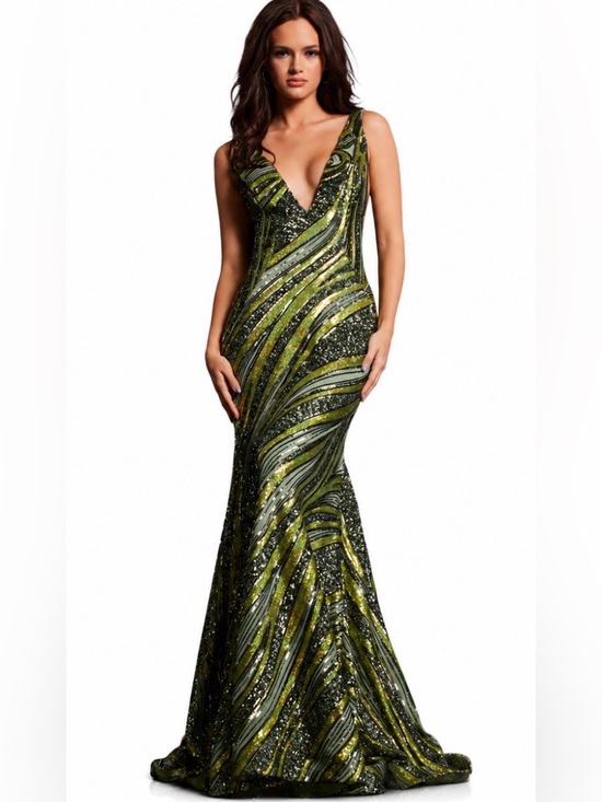 Jovani Dresses & Skirts - NWT Very Rare Jovani Olive/Lime Green Sequin Deep V-Neck Mermaid Gown Size 14